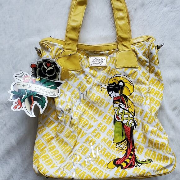 Ed Hardy NWT Y2K VTG Geishas Rule Large Yellow Tote Bag - Picture 1 of 4